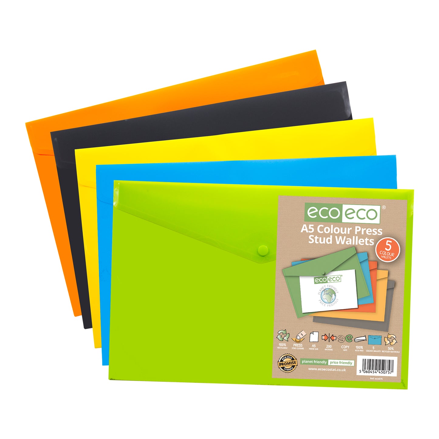 Pack 5 A5 50% Recycled Colour Press Stud Wallets