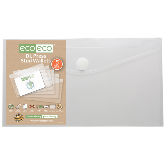 Pack 5 DL 50% Recycled Clear Press Stud Wallets