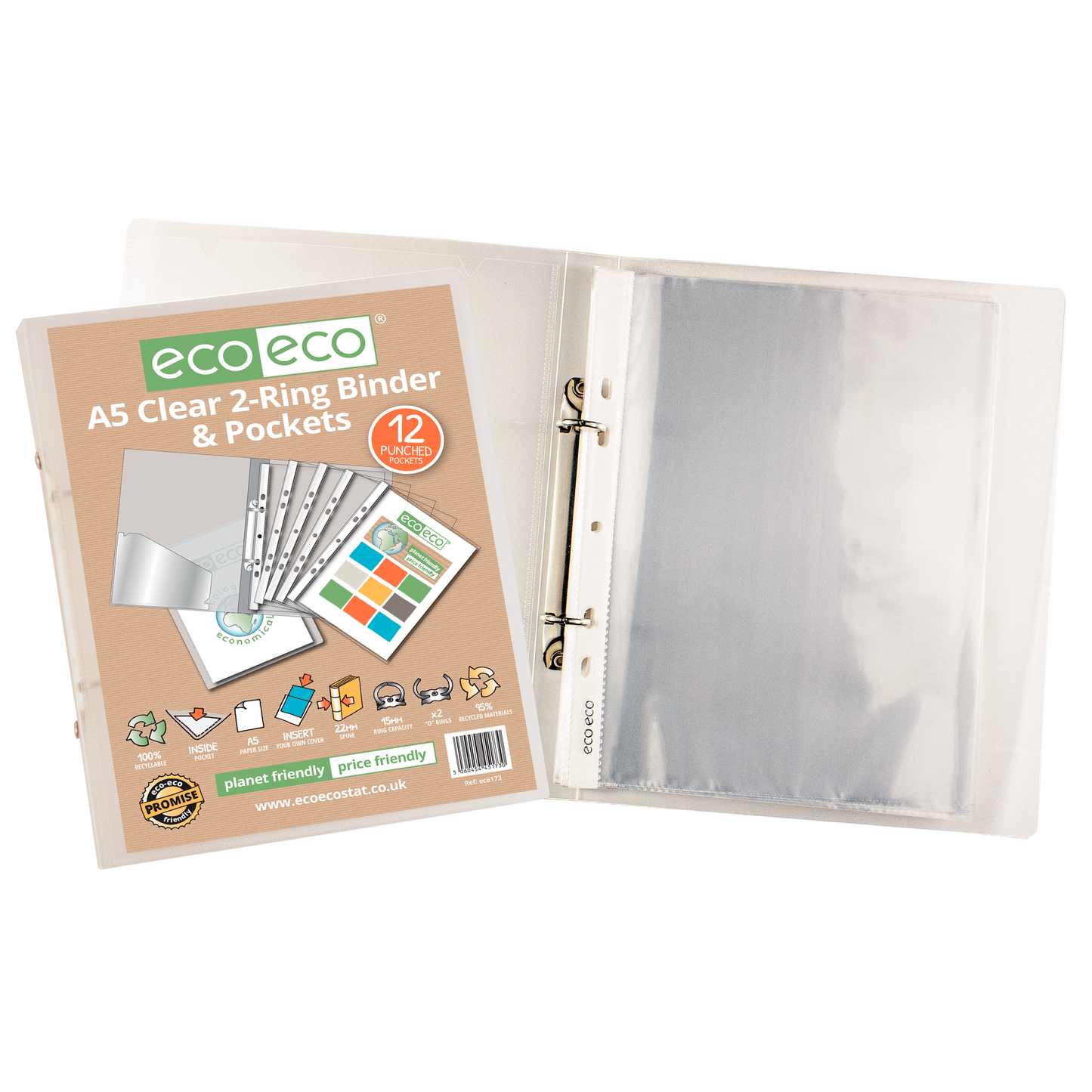 A5 65% Recycled Clear 2-Ring Binder with 12 Punched Pockets