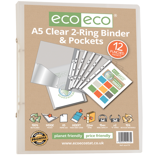 A5 65% Recycled Clear 2-Ring Binder with 12 Punched Pockets