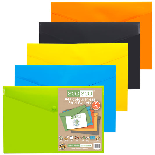 Pack 5 A4+ 50% Recycled Colour Press Stud Wallets