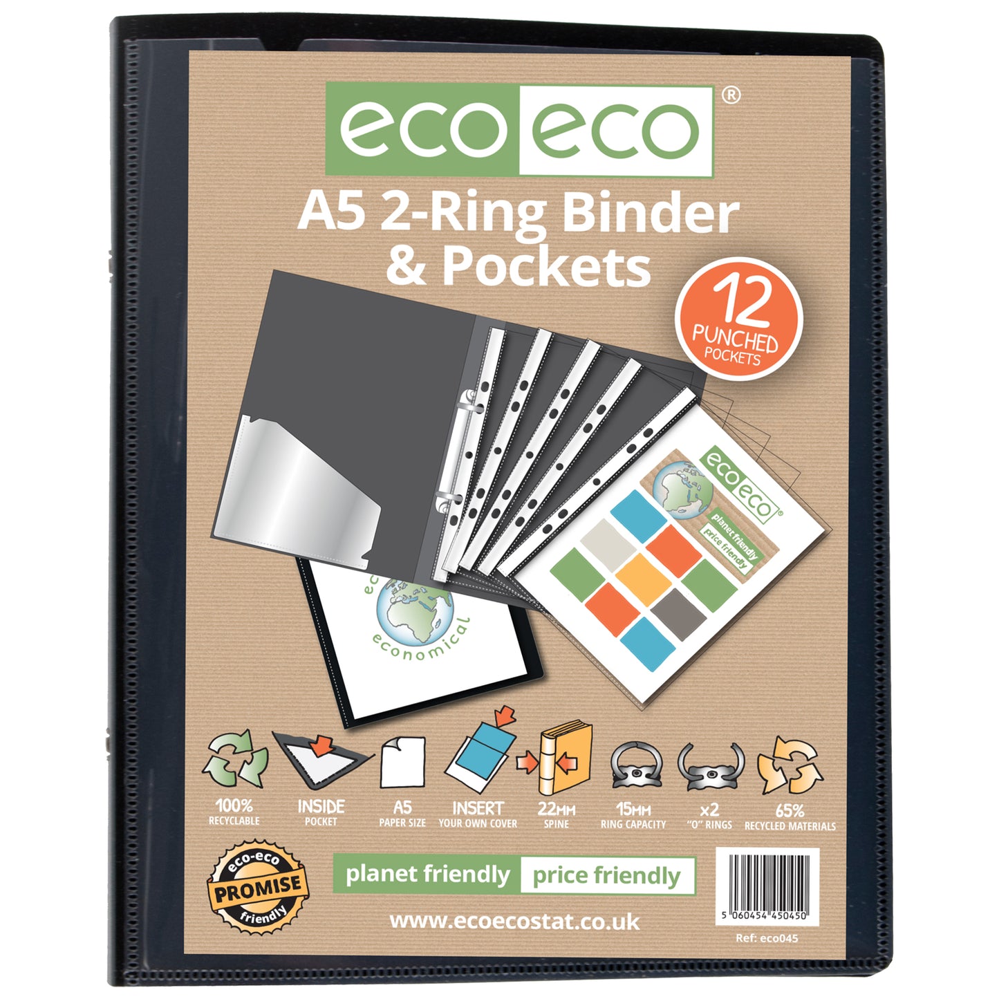 A5 65% Recycled 2-Ring Binder with 12 Punched Pockets