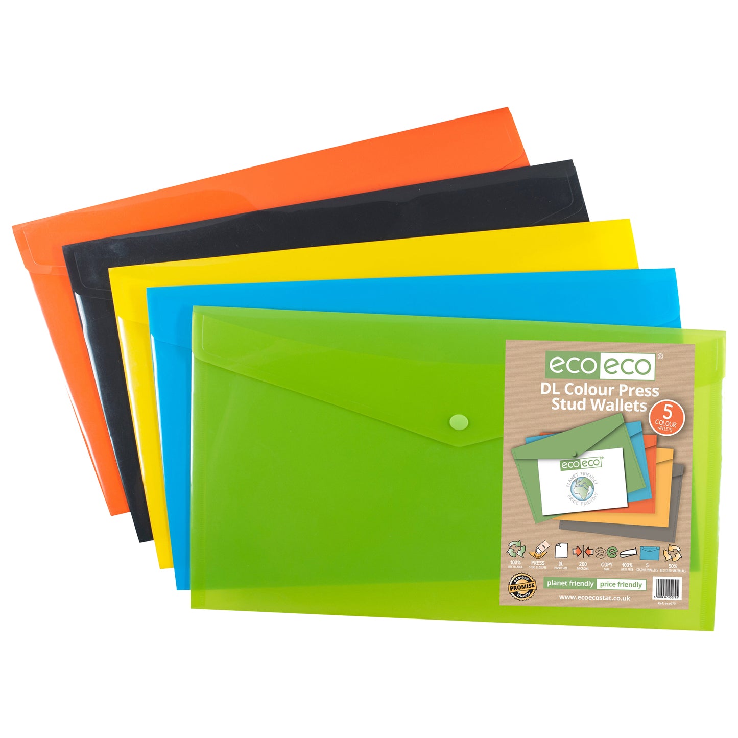 Pack 5 DL 50% Recycled Colour Press Stud Wallets