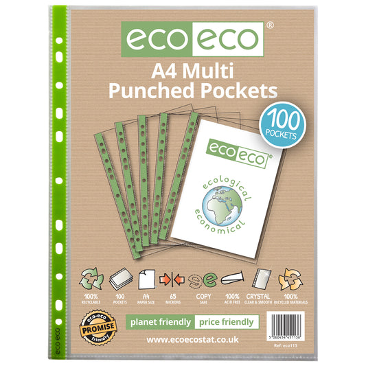 A4 100% Recycled Bag 100 Multi Punched Pockets 65 Micron